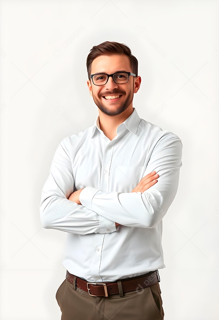 Feliz empresário em pé com os braços cruzados em fundo branco