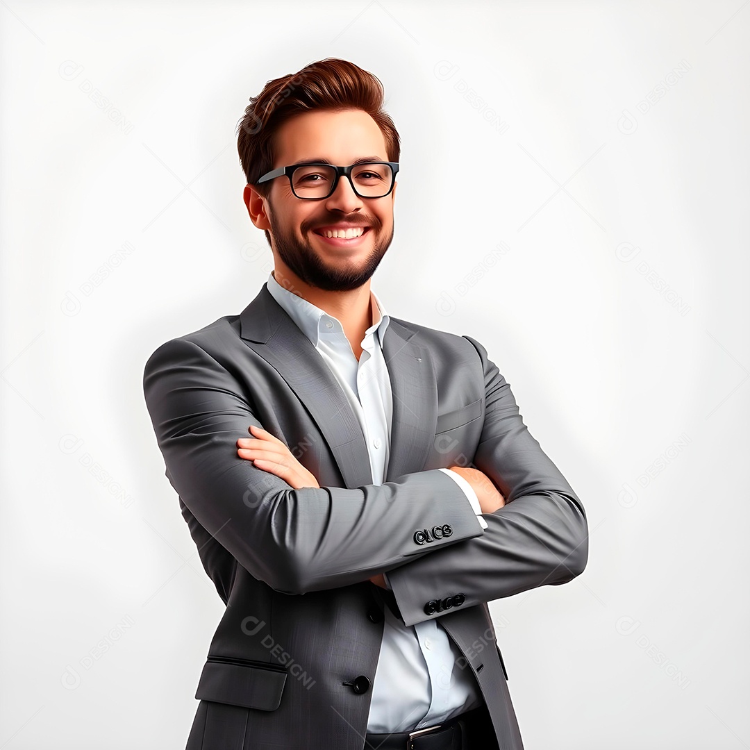 Feliz empresário em pé com os braços cruzados em fundo branco