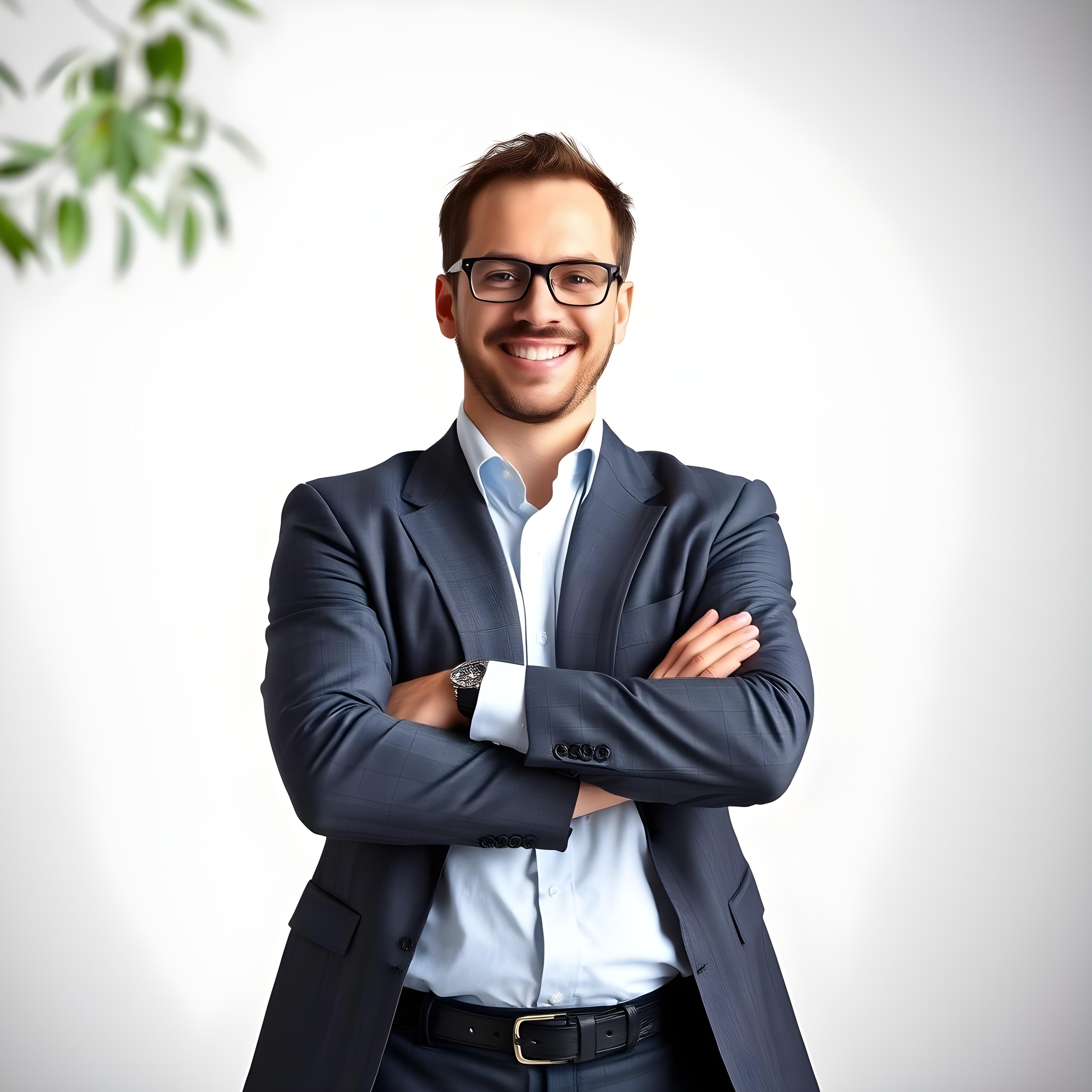 Feliz empresário em pé com os braços cruzados em fundo branco