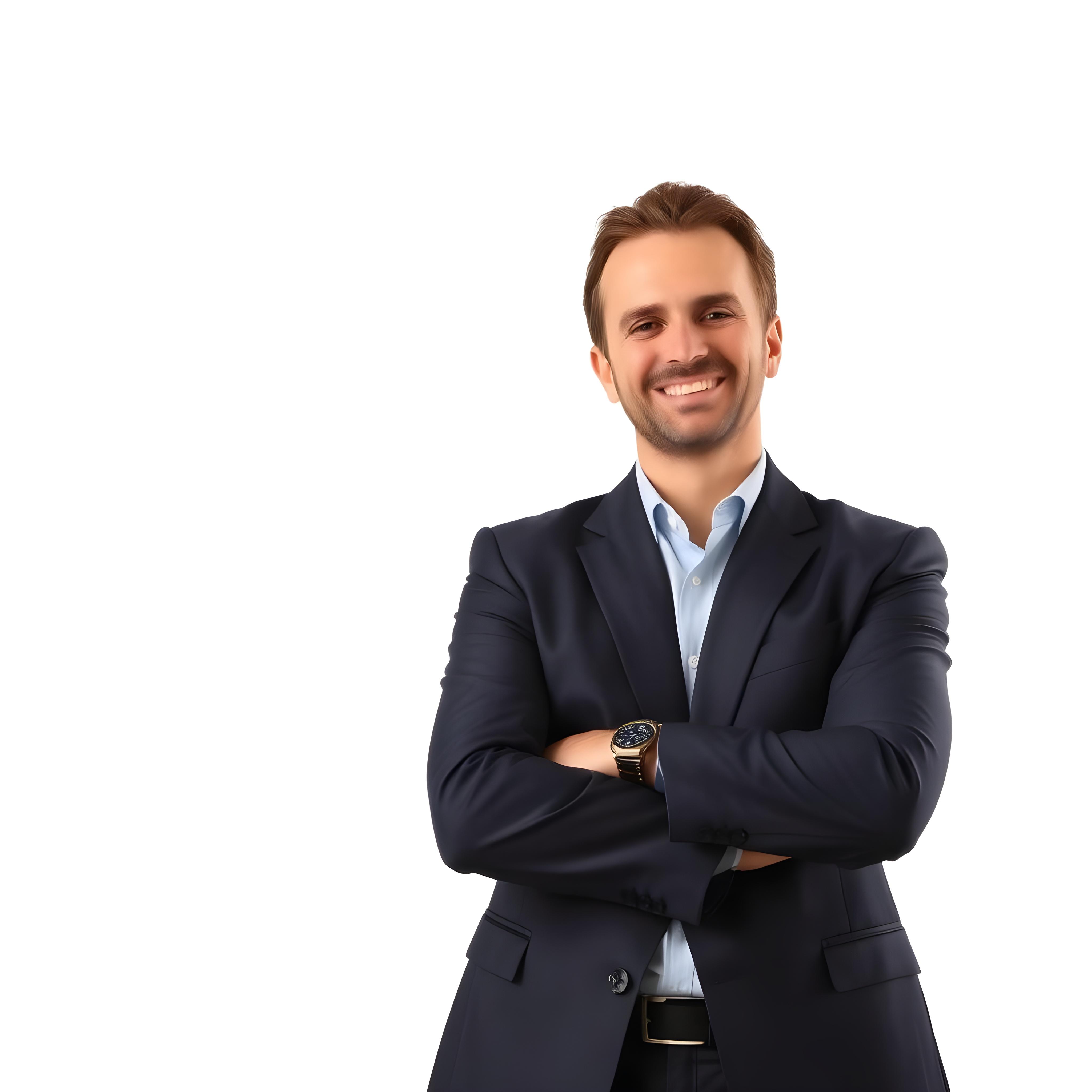 Feliz empresário em pé com os braços cruzados em fundo branco