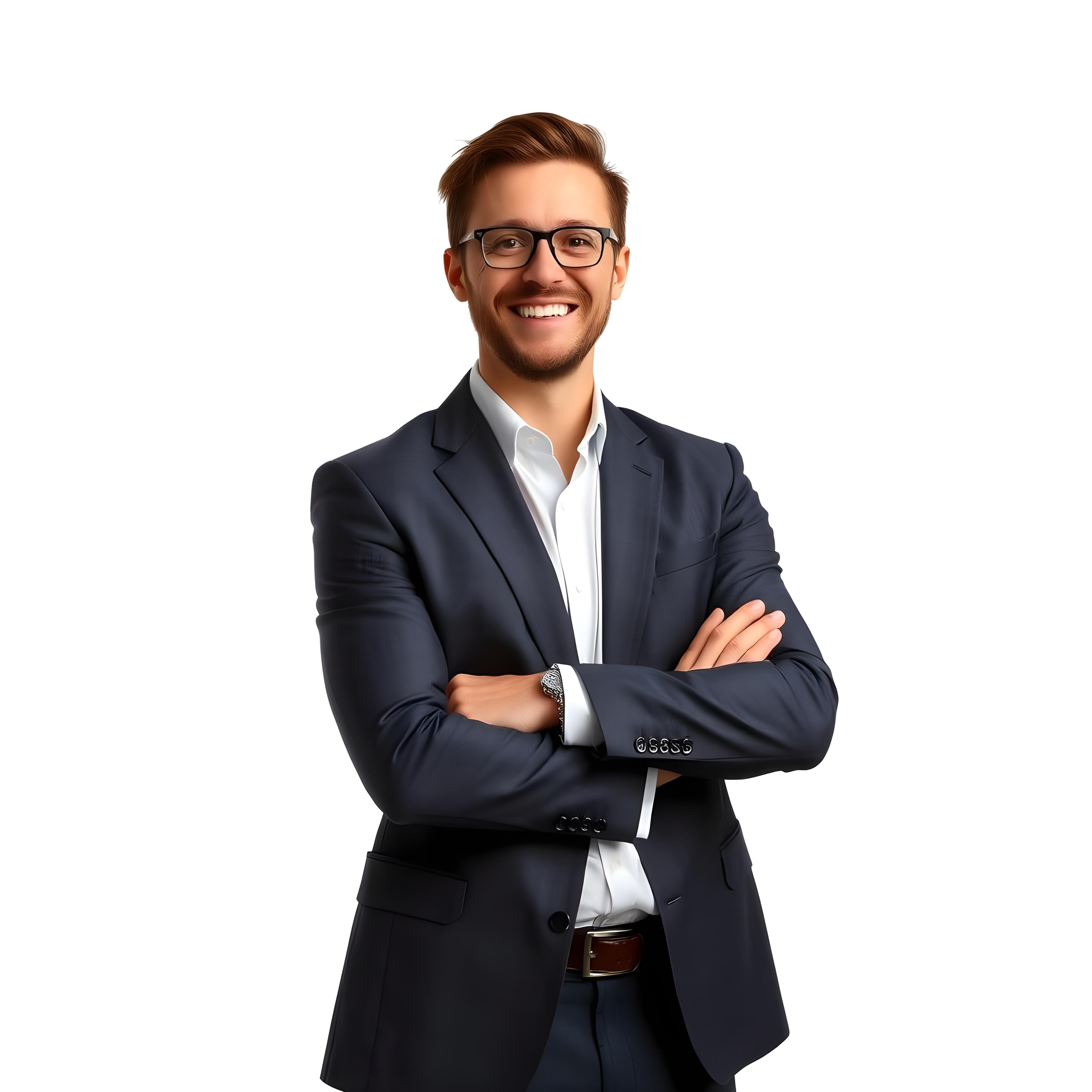 Feliz empresário em pé com os braços cruzados em fundo branco