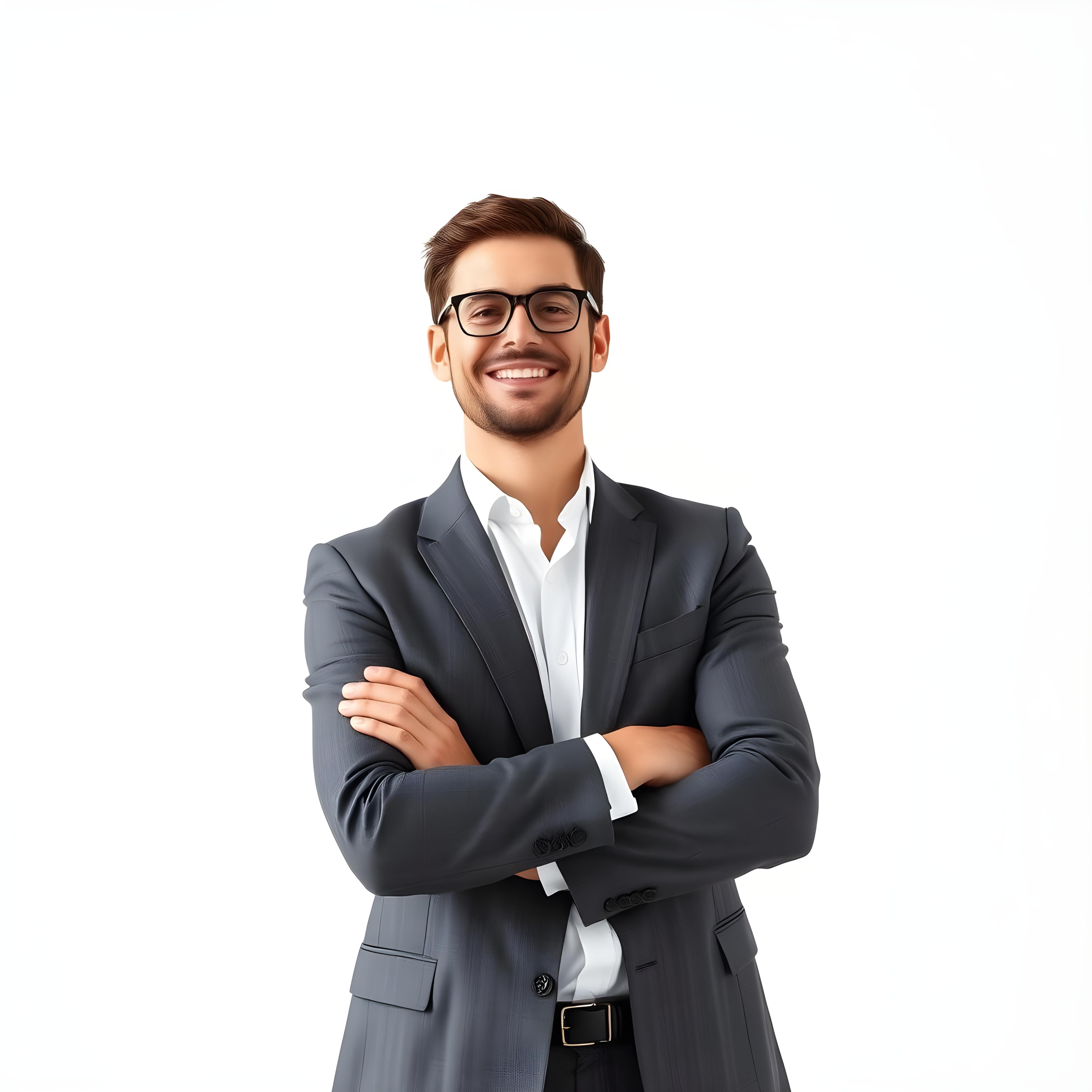 Feliz empresário em pé com os braços cruzados em fundo branco