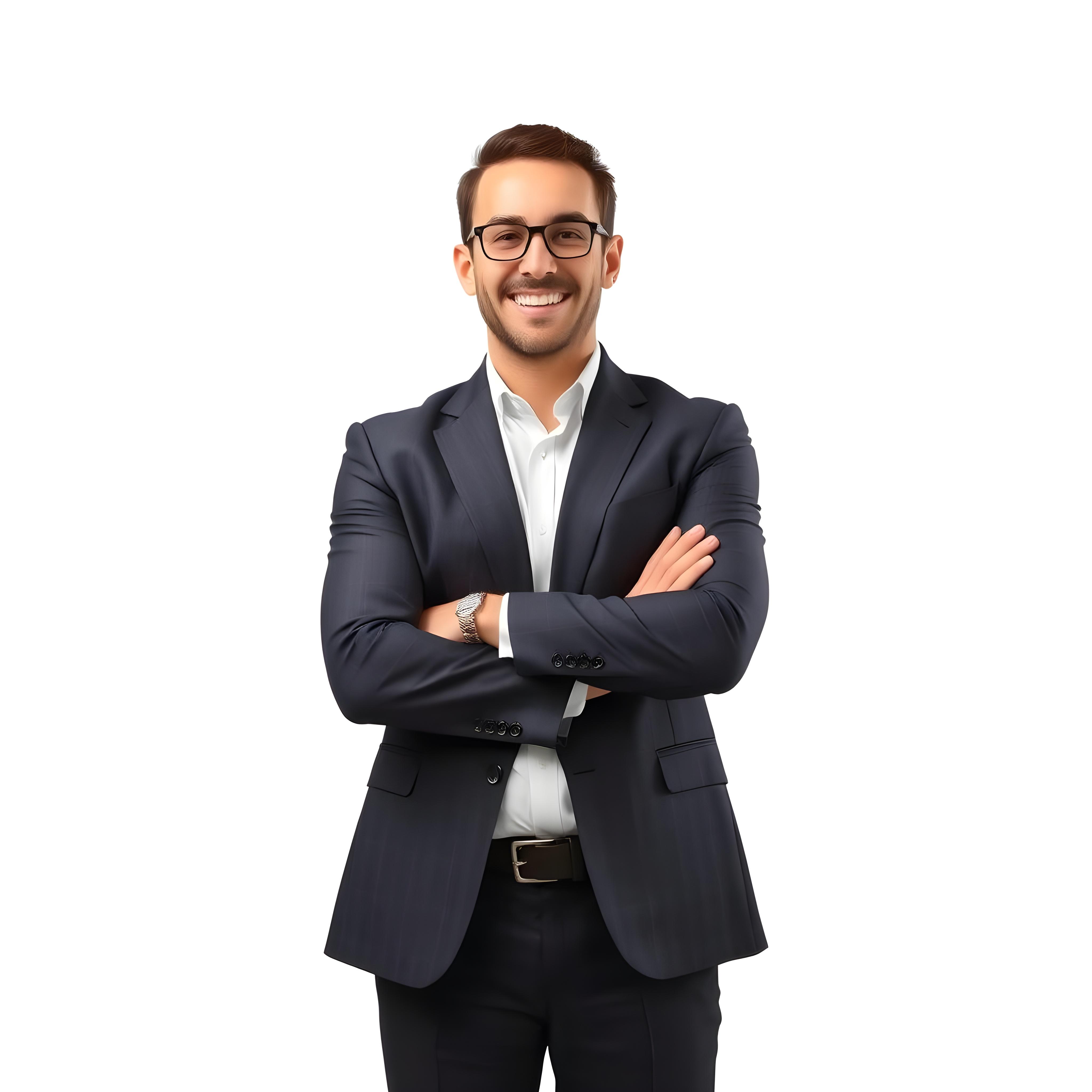 Feliz empresário em pé com os braços cruzados em fundo branco