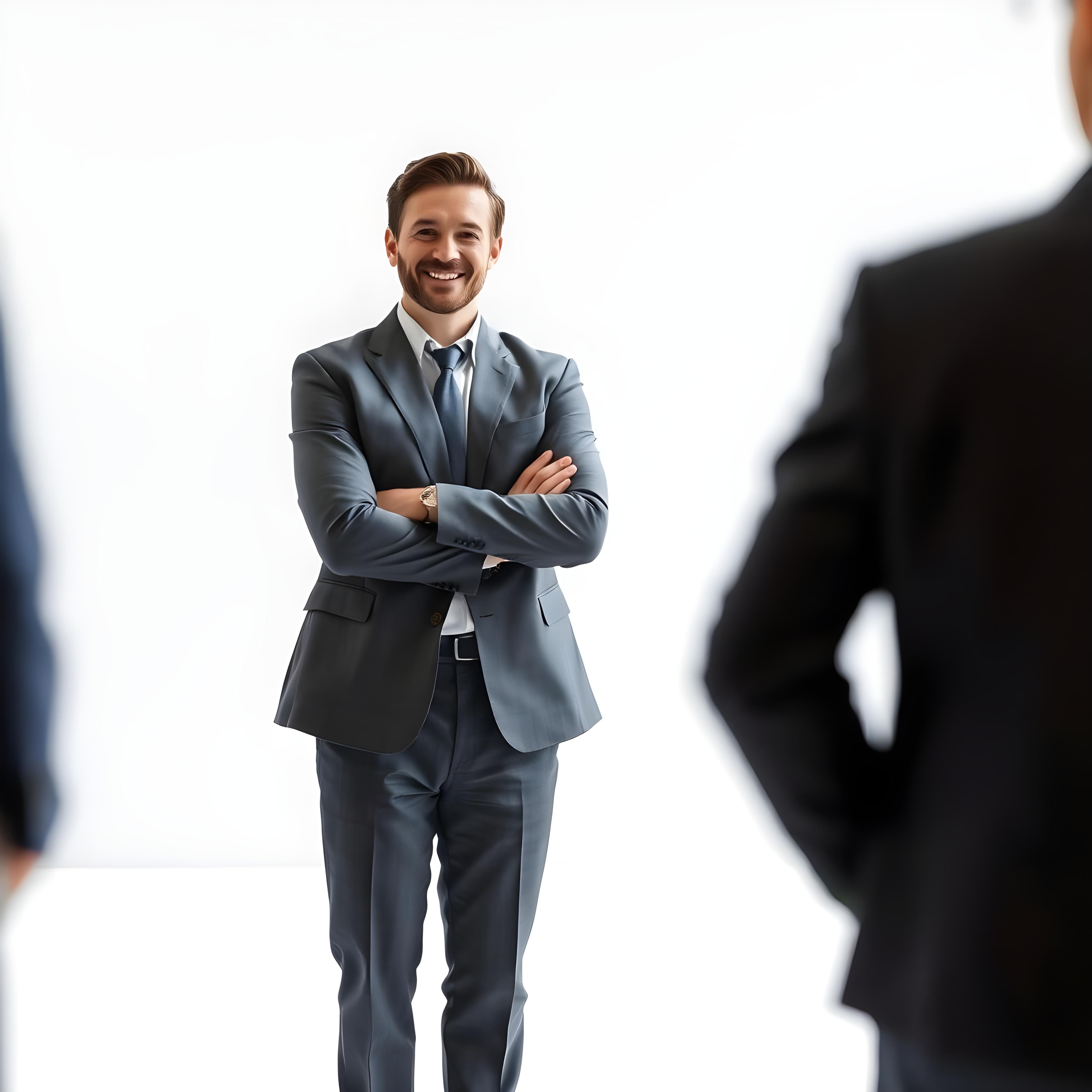 Feliz empresário em pé com os braços cruzados em fundo branco