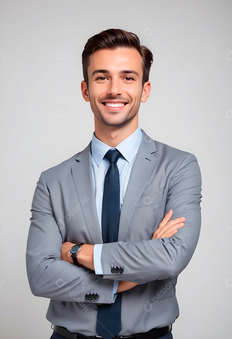Feliz empresário em pé com os braços cruzados em fundo branco