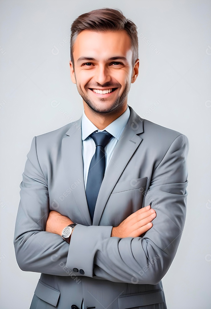 Feliz empresário em pé com os braços cruzados em fundo branco