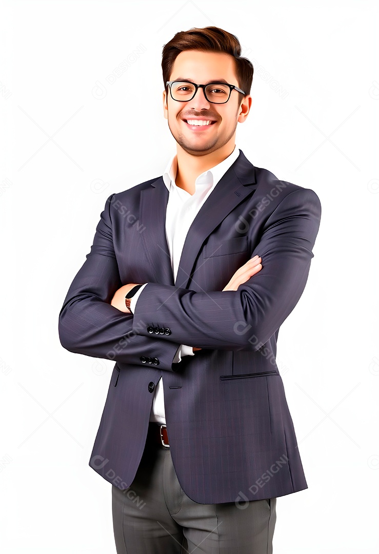 Feliz empresário em pé com os braços cruzados em fundo branco