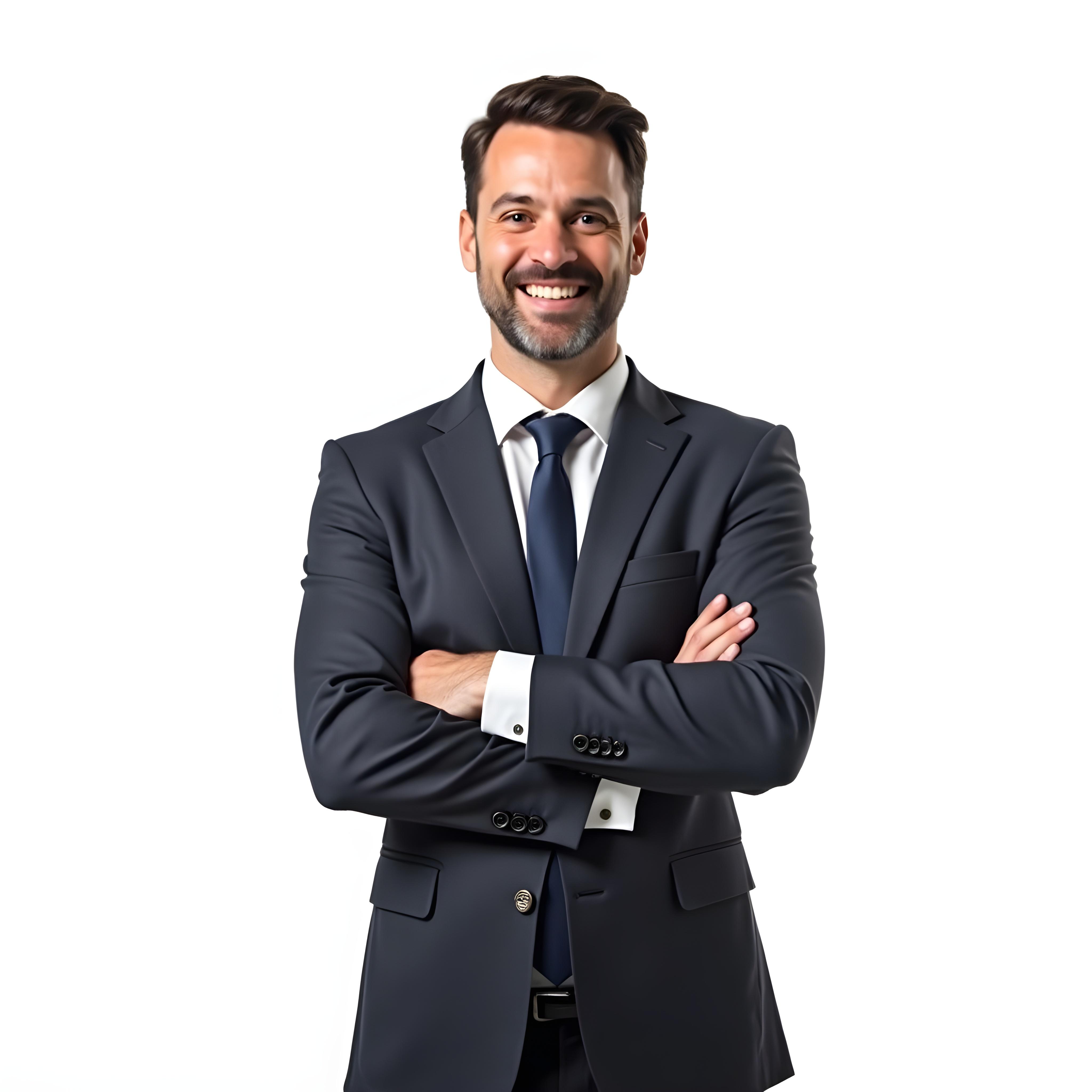 Feliz empresário em pé com os braços cruzados em fundo branco