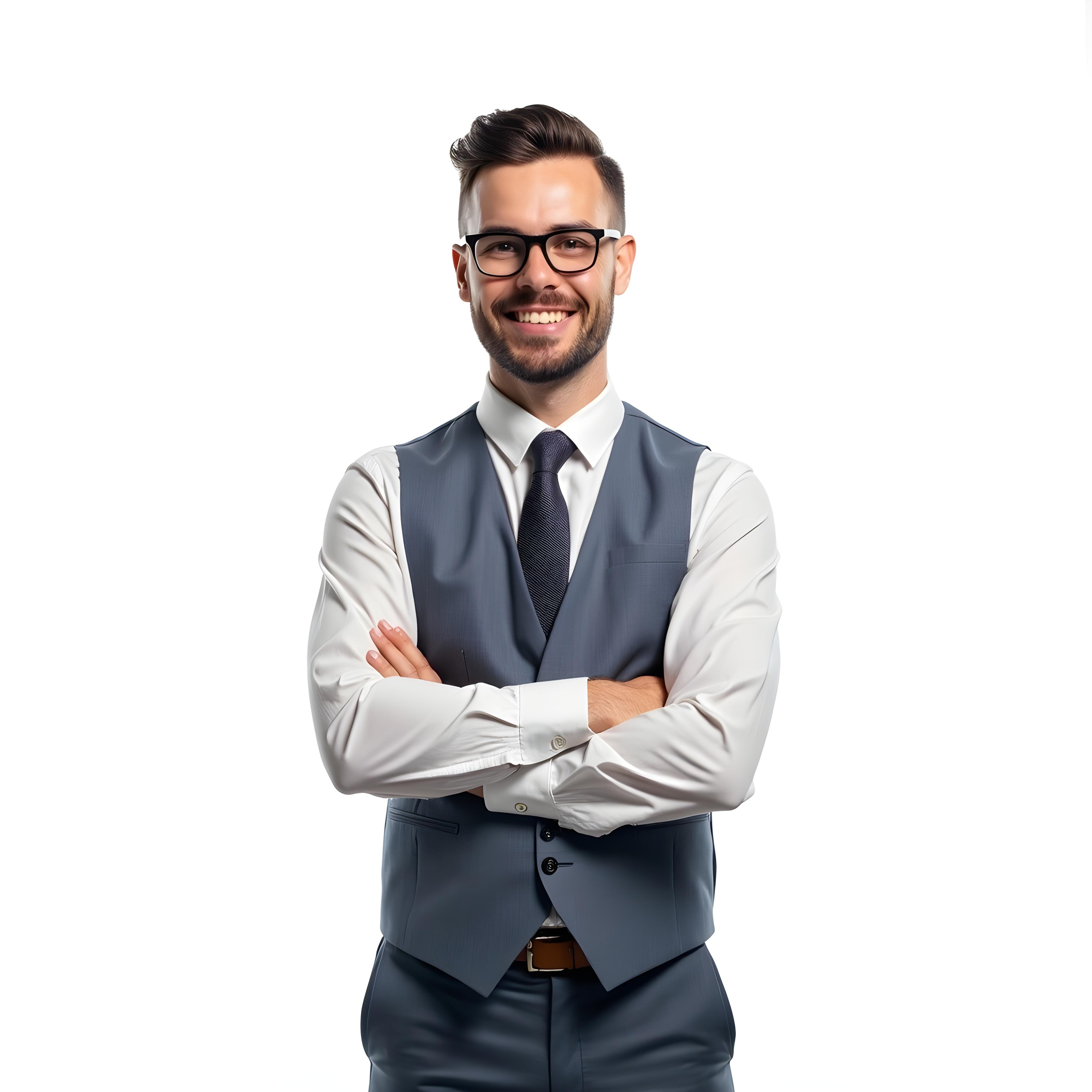 Feliz empresário em pé com os braços cruzados em fundo branco