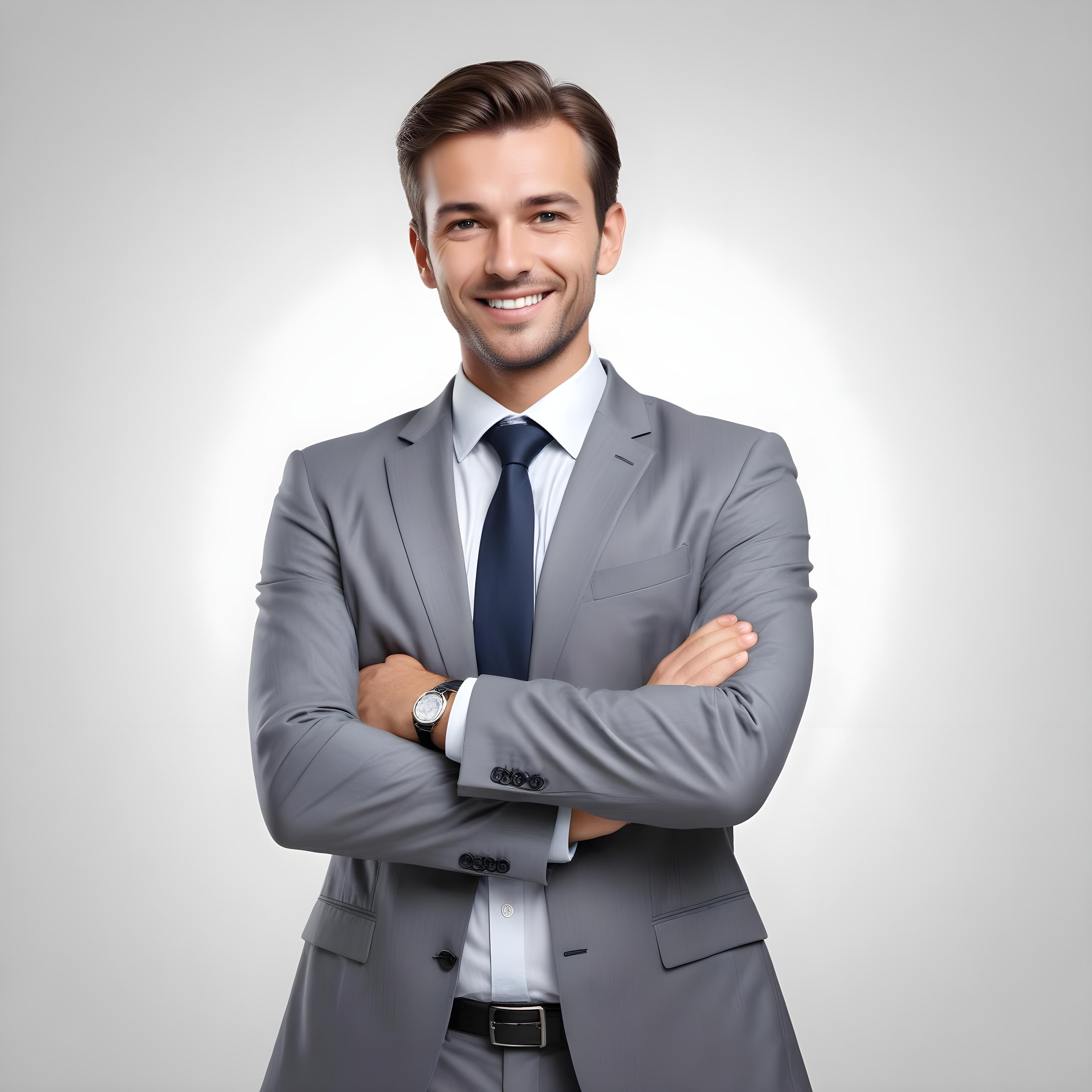 Feliz empresário em pé com os braços cruzados em fundo branco