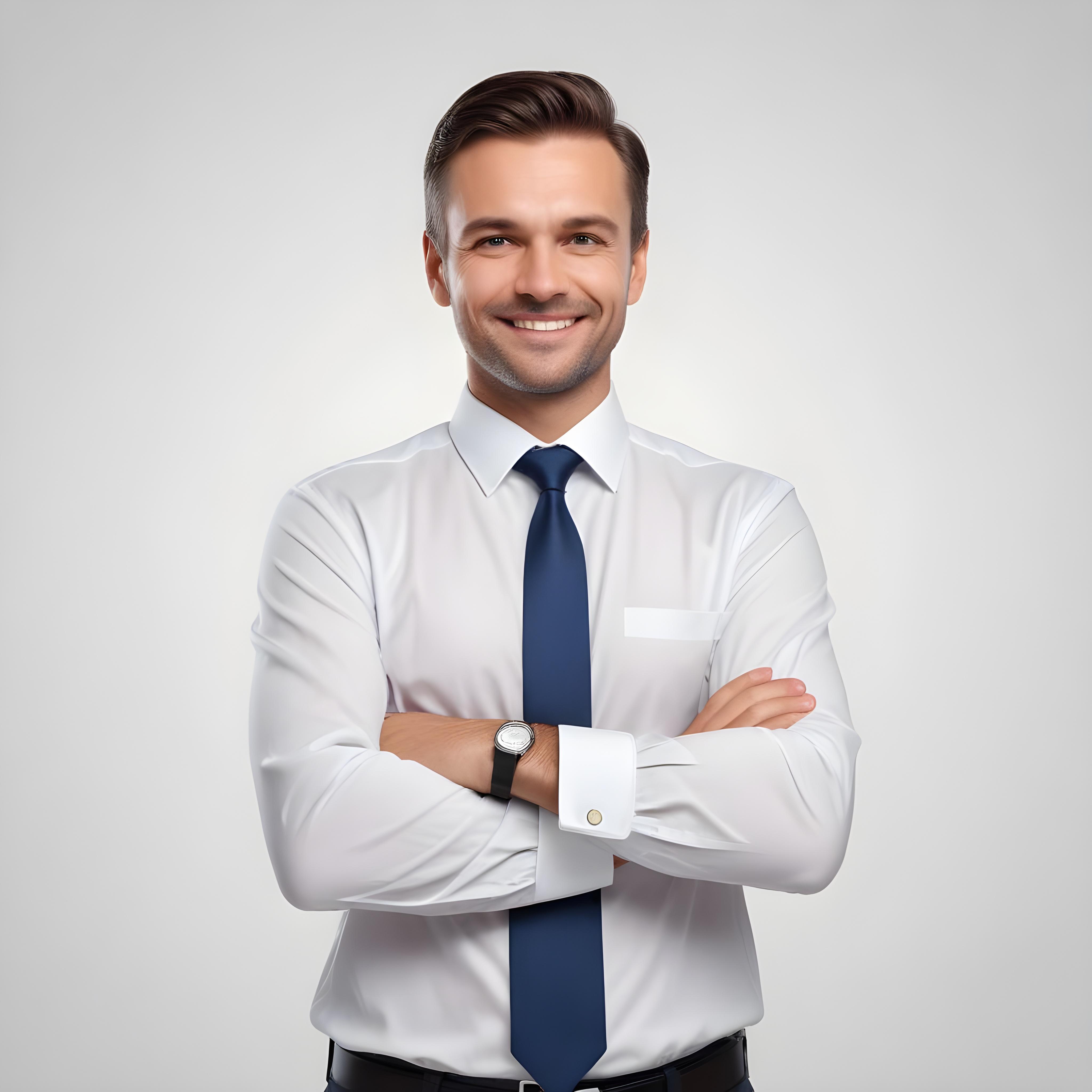 Feliz empresário em pé com os braços cruzados em fundo branco