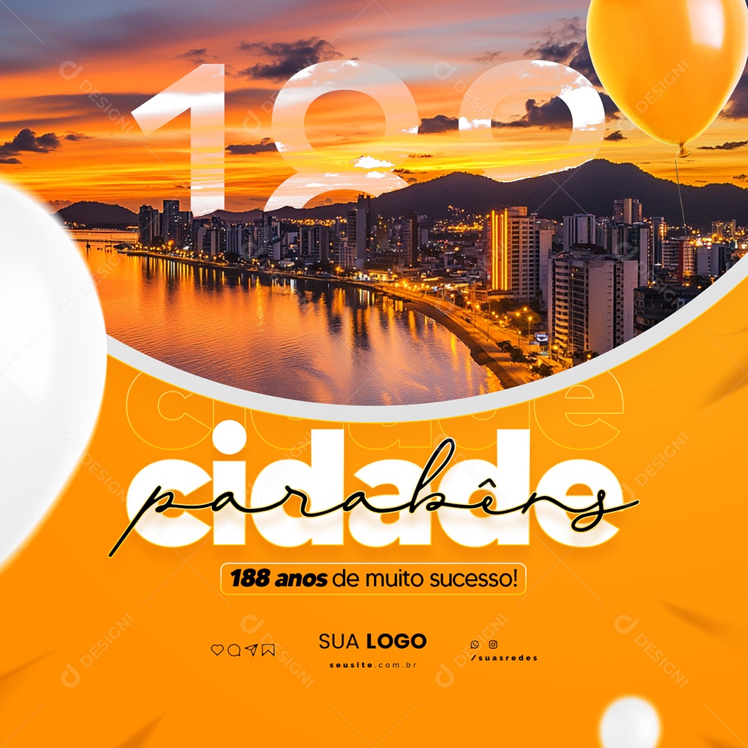 Aniversário Parabéns Cidade 188 Anos Social Media PSD Editável