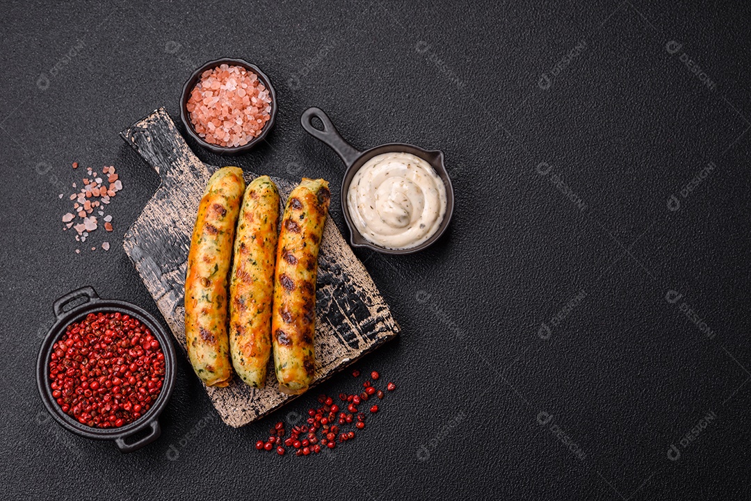 Tábua de madeira com salsicha vegana e molho