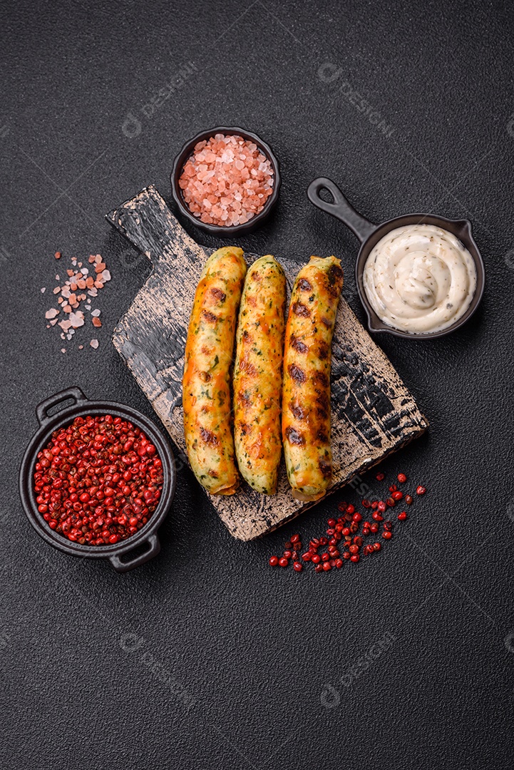 Tábua de madeira com salsicha vegana e molho