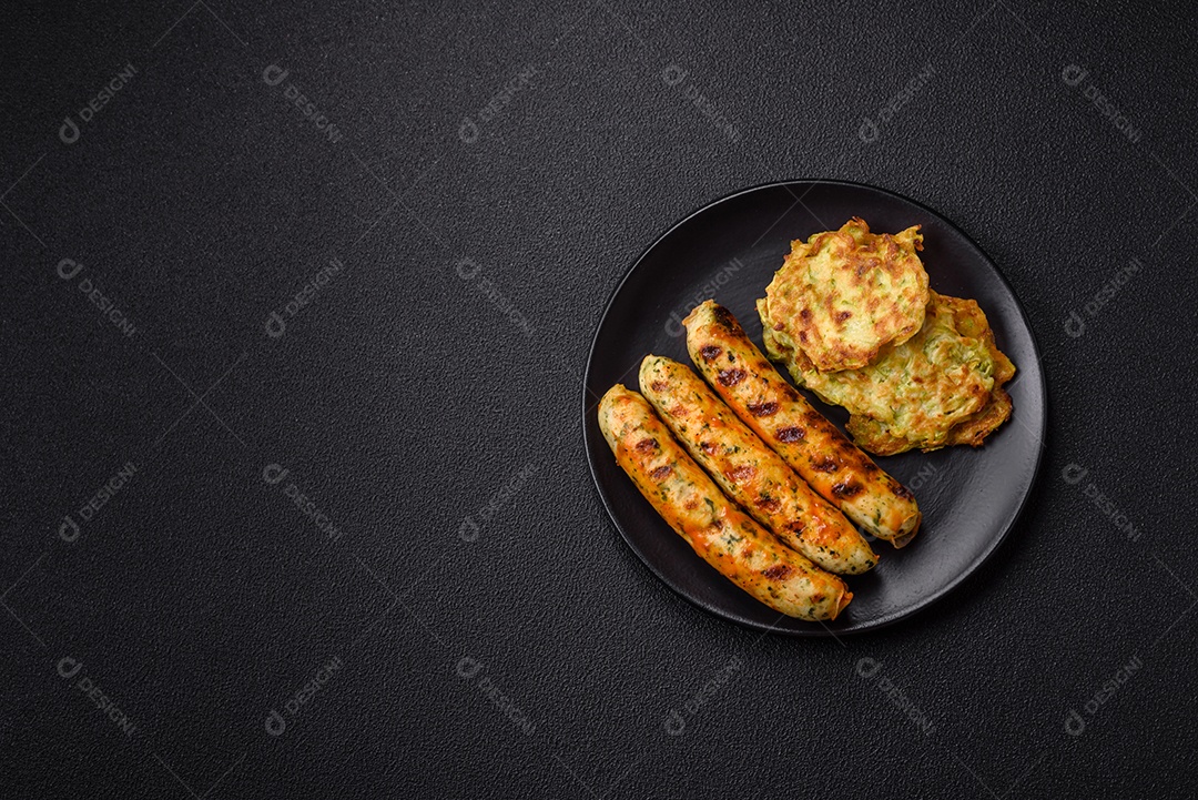 Salsicha vegetariana e bolinhos de abobrinha sobre prato de cerâmica