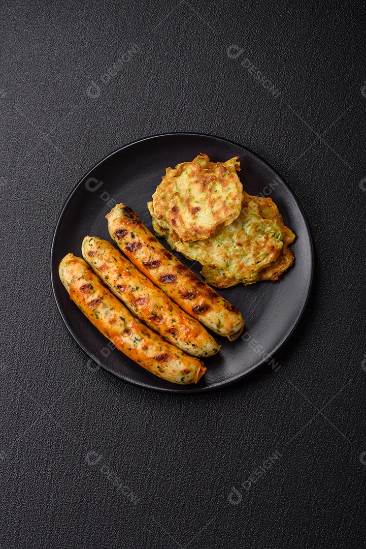 Salsicha vegetariana e bolinhos de abobrinha sobre prato de cerâmica