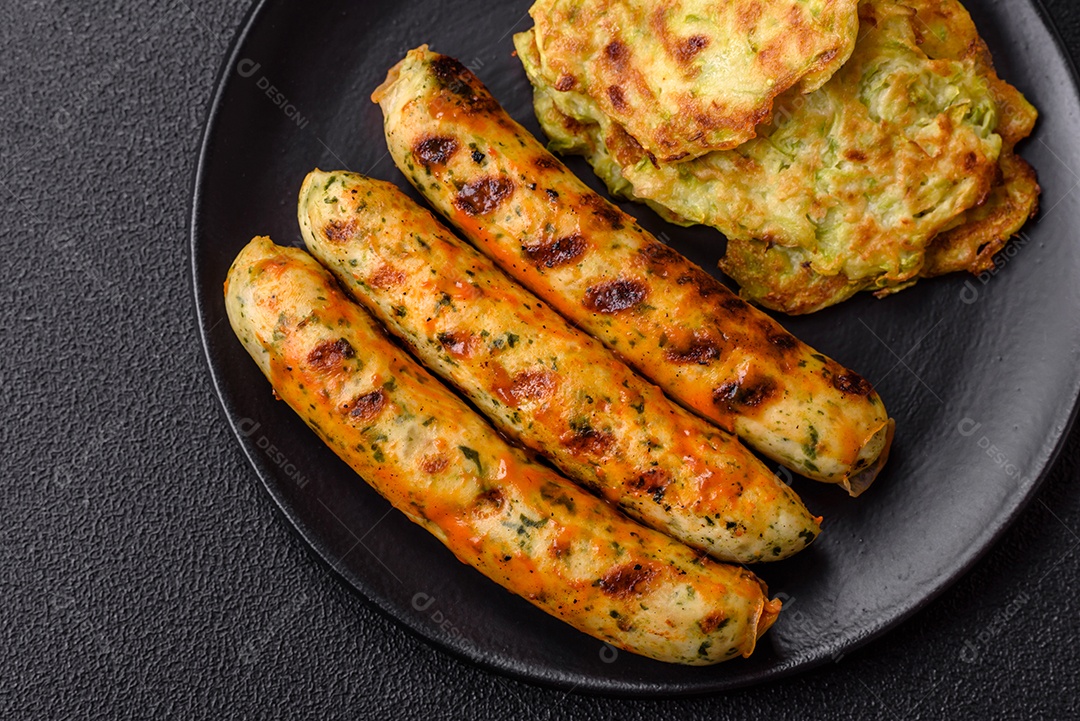 Bolinho de abobrinha e salsicha vegetariana com molho ao lado