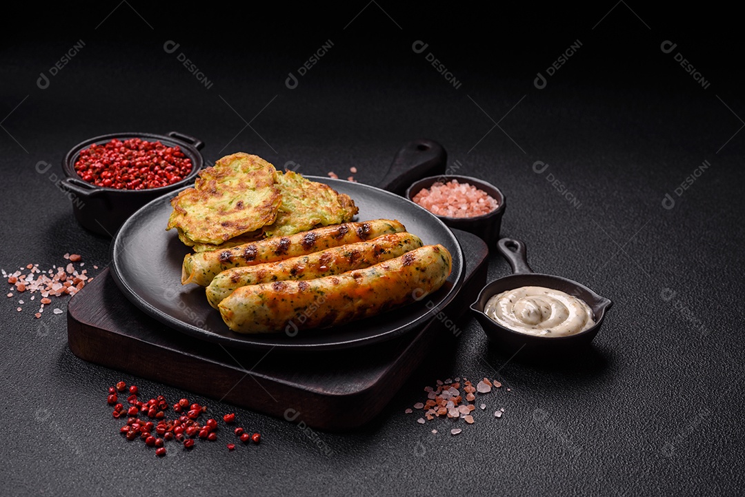 Bolinho de abobrinha e salsicha vegetariana com molho ao lado