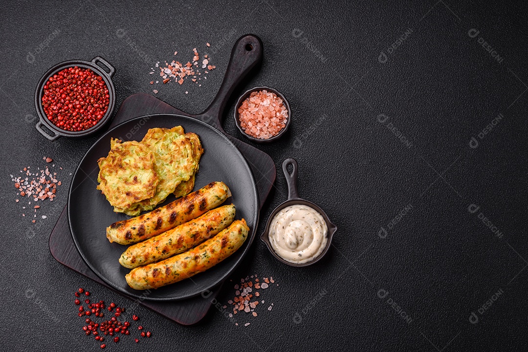 Bolinho de abobrinha e salsicha vegetariana com molho ao lado