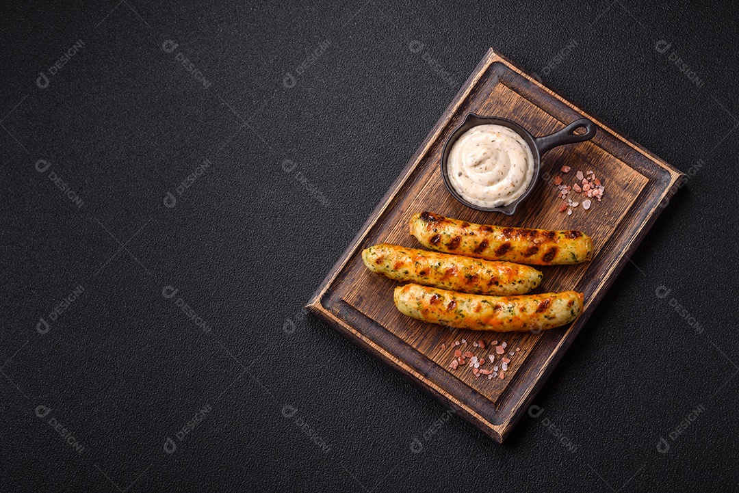 Tábua de madeira com salsicha vegana e molho