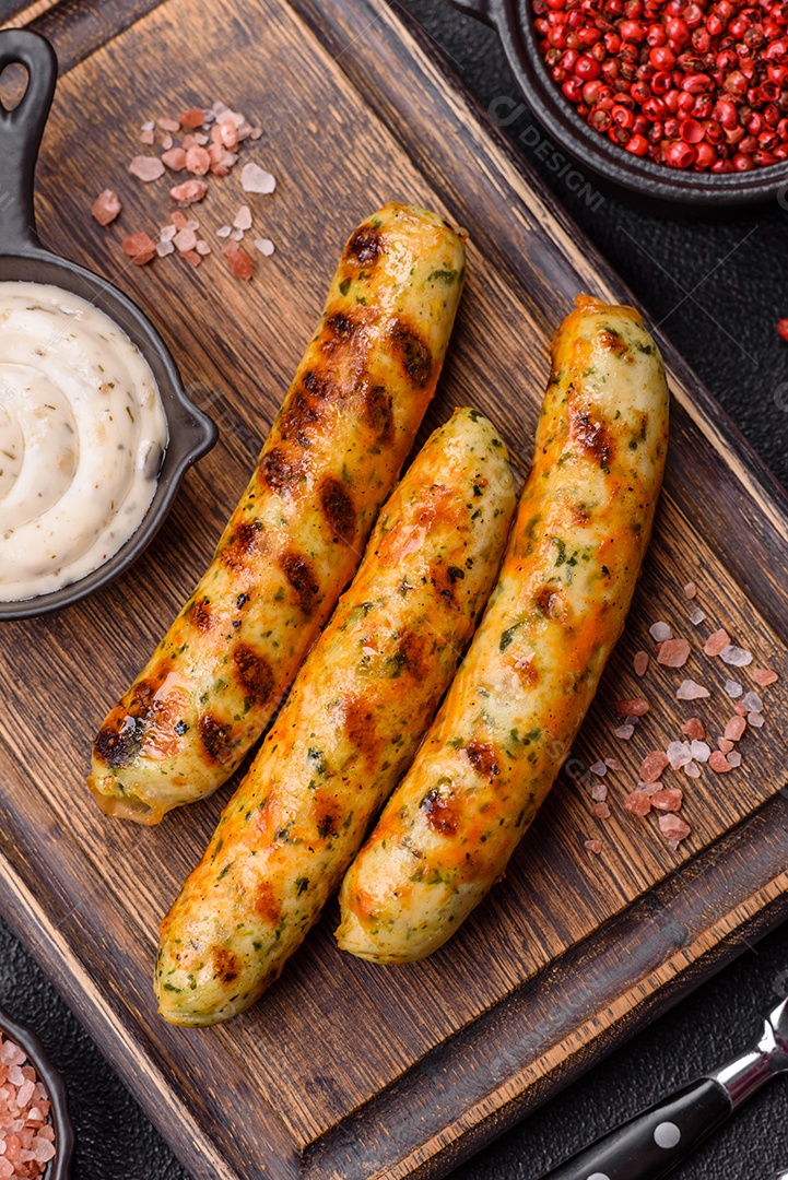 Salsichas vegetaria com molho ao lado