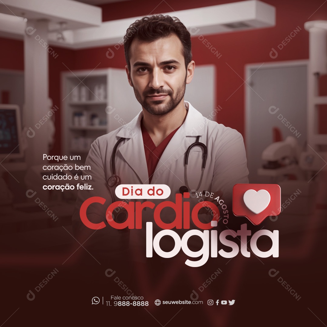 Dia do Cardiologista 14 de Agosto um Coração Bem Cuidado Social Media PSD Editável