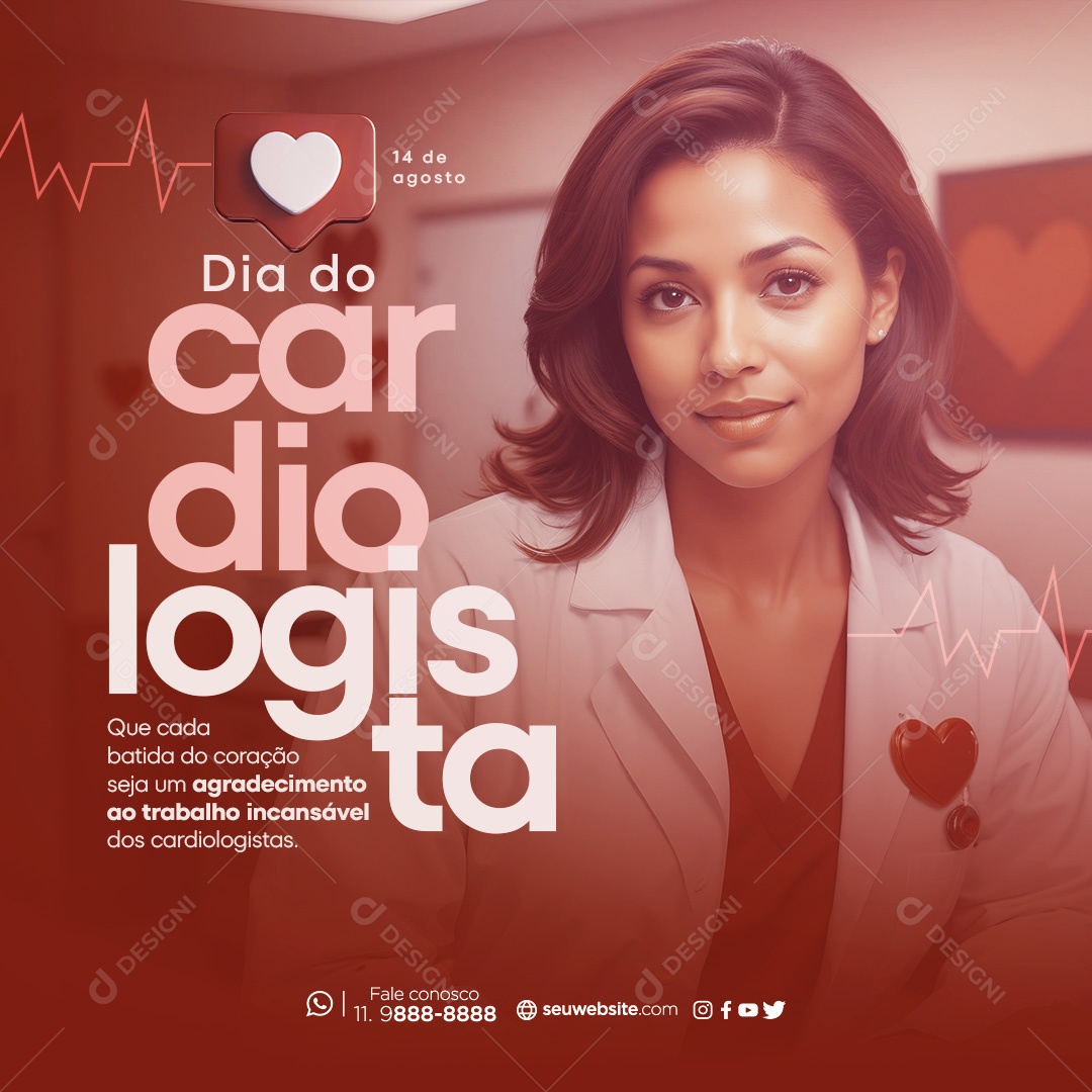 Dia do Cardiologista 14 de Agosto que Cada  Batida do Coração Seja um Agradecimento Social Media PSD Editável
