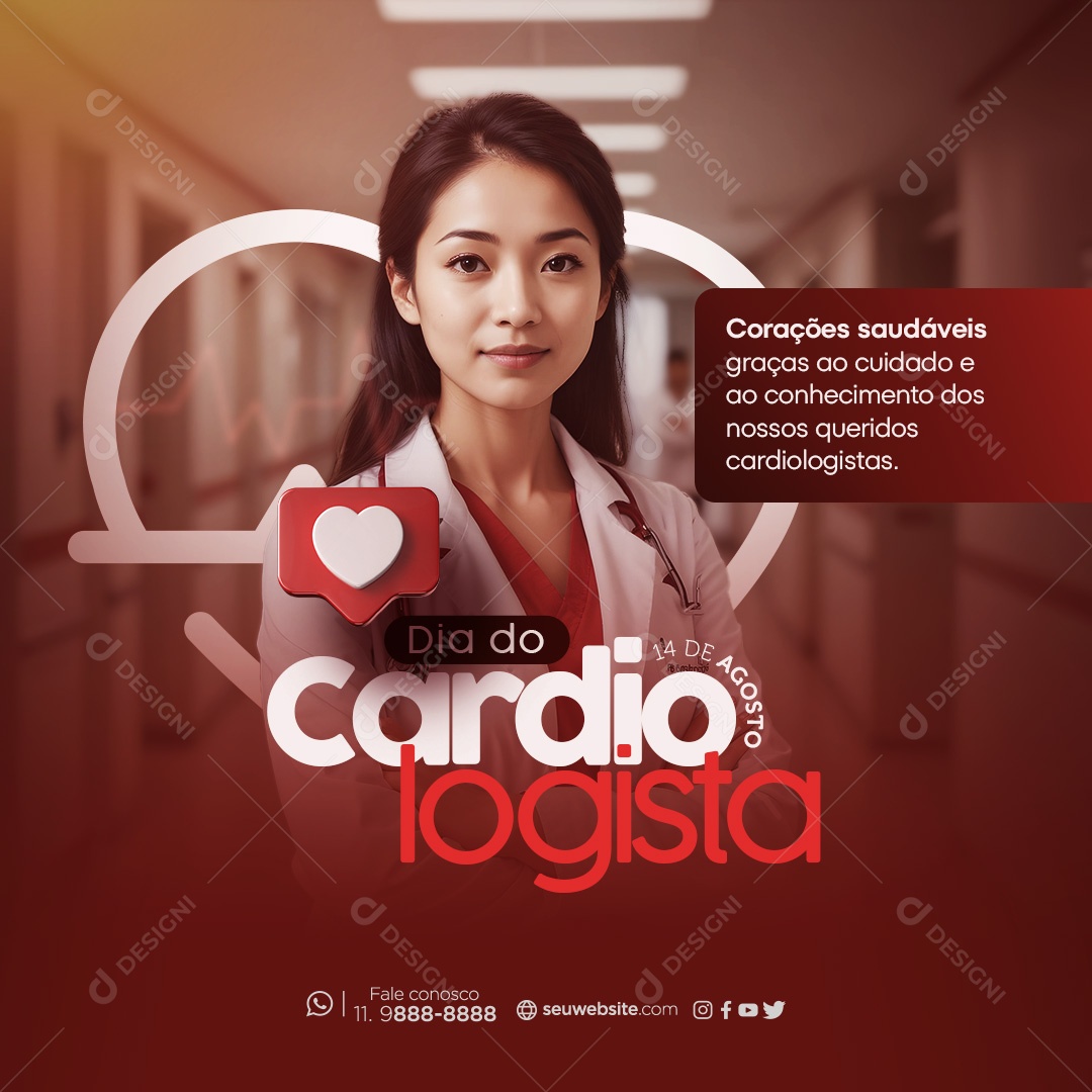 Dia do Cardiologista 14 de Agosto Corações Saudáveis Social Media PSD Editável