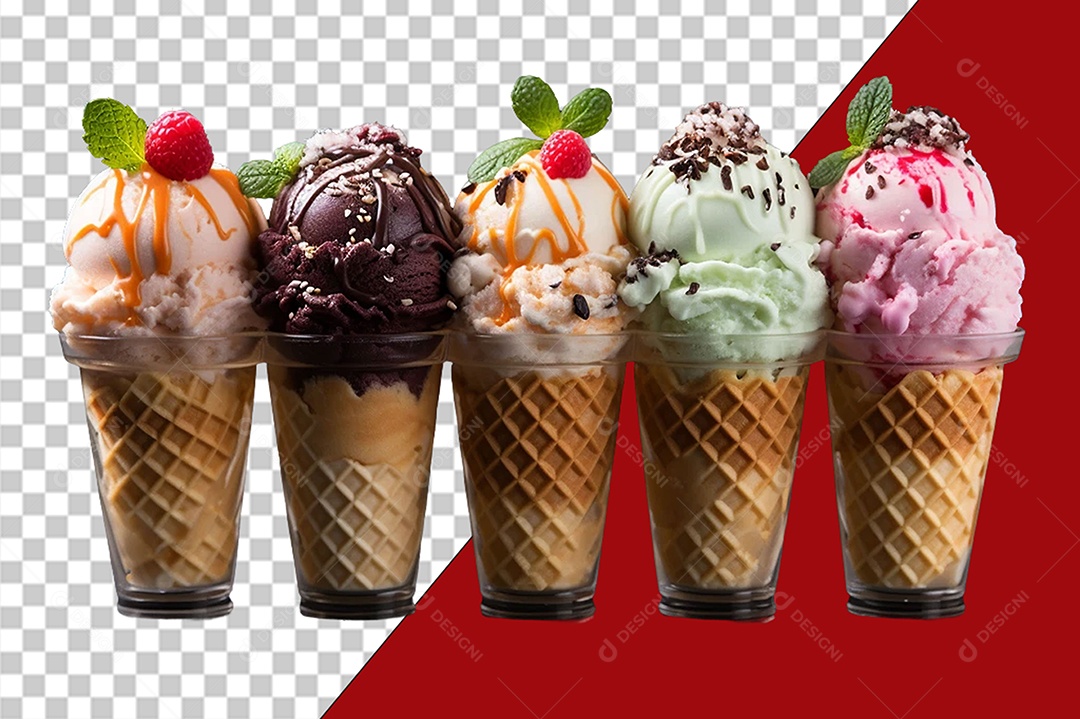 Conjunto de Sorvetes de Casquinha Elemento 3D para Composição PSD