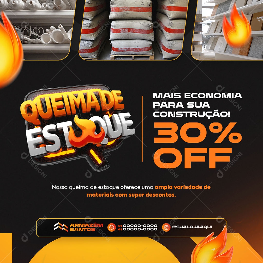 Queima de Estoque Materiais de Construção 30% Off Social Media PSD Editável