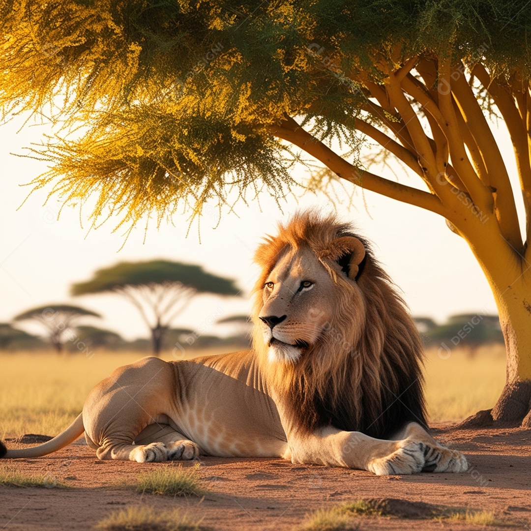 Um leão deitado sobre a sombra de uma árvore
