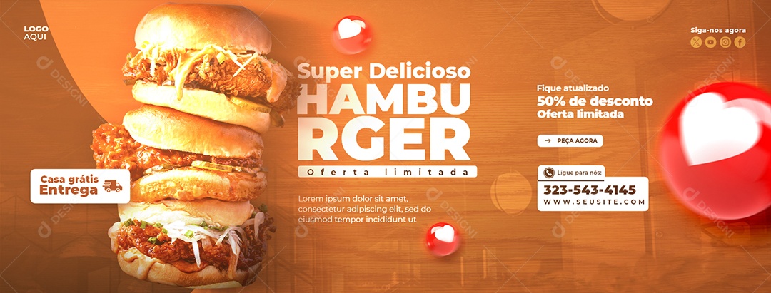 Banner Super Delicioso Hamburger Social Media PSd Editável
