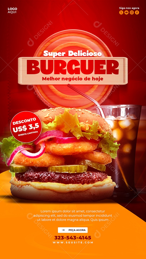 Banner Super Delicioso Hamburguer Social Media PSd Editável