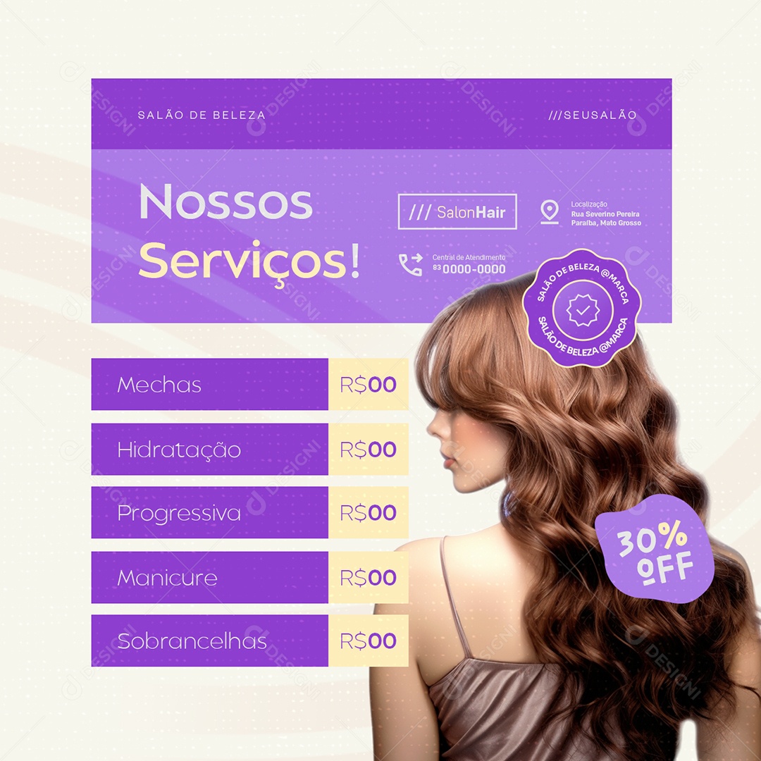 Salão de Beleza Nossos Serviços Mechas Hidratação Social Media PSD Editável