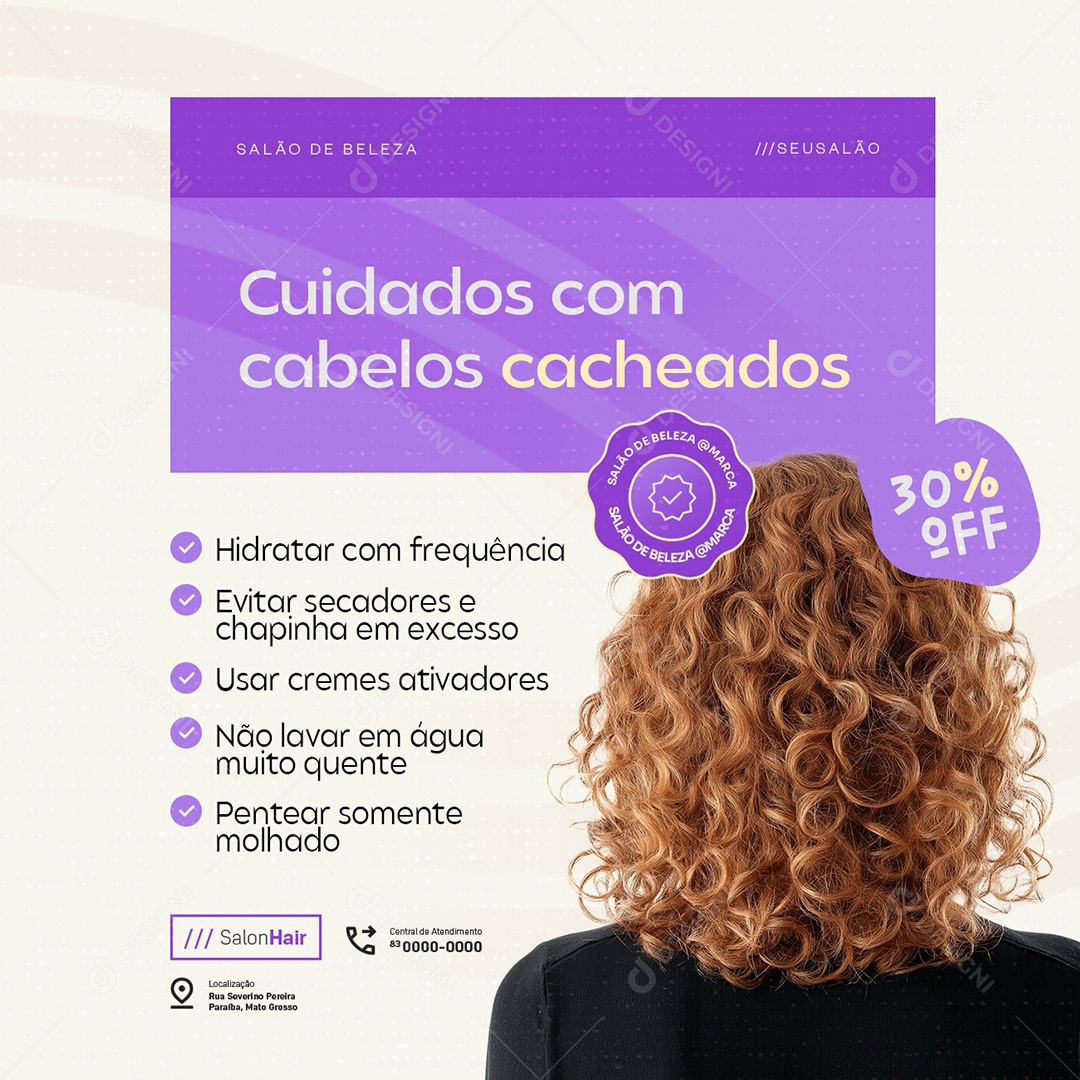 Salão de Beleza Cuidados com Cabelos Cacheados Social Media PSD Editável