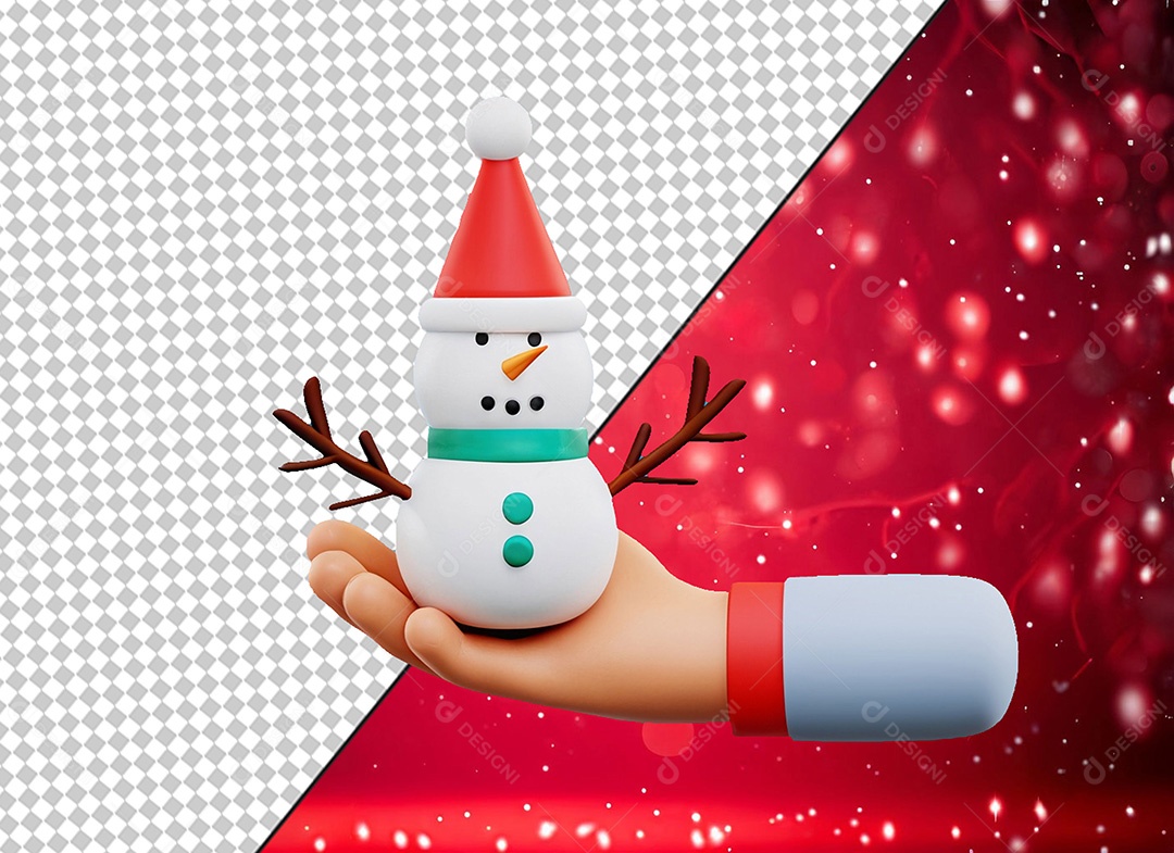 Mão Segurando um Boneco de Neve Elemento 3D para Composição PSD