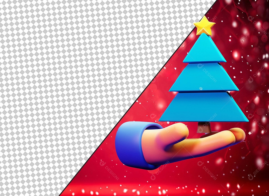 Mão e Arvore de Natal Elemento 3D Azul para Composição PSD