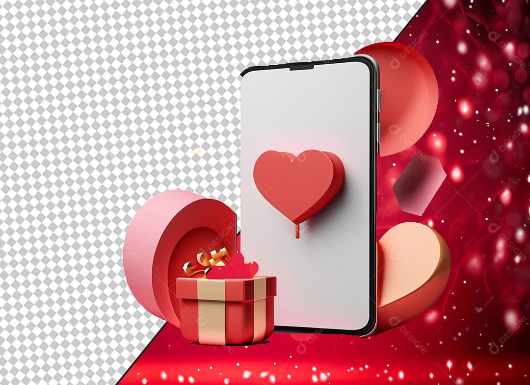 Celular Corações e Presente Elemento 3D para Composição PSD