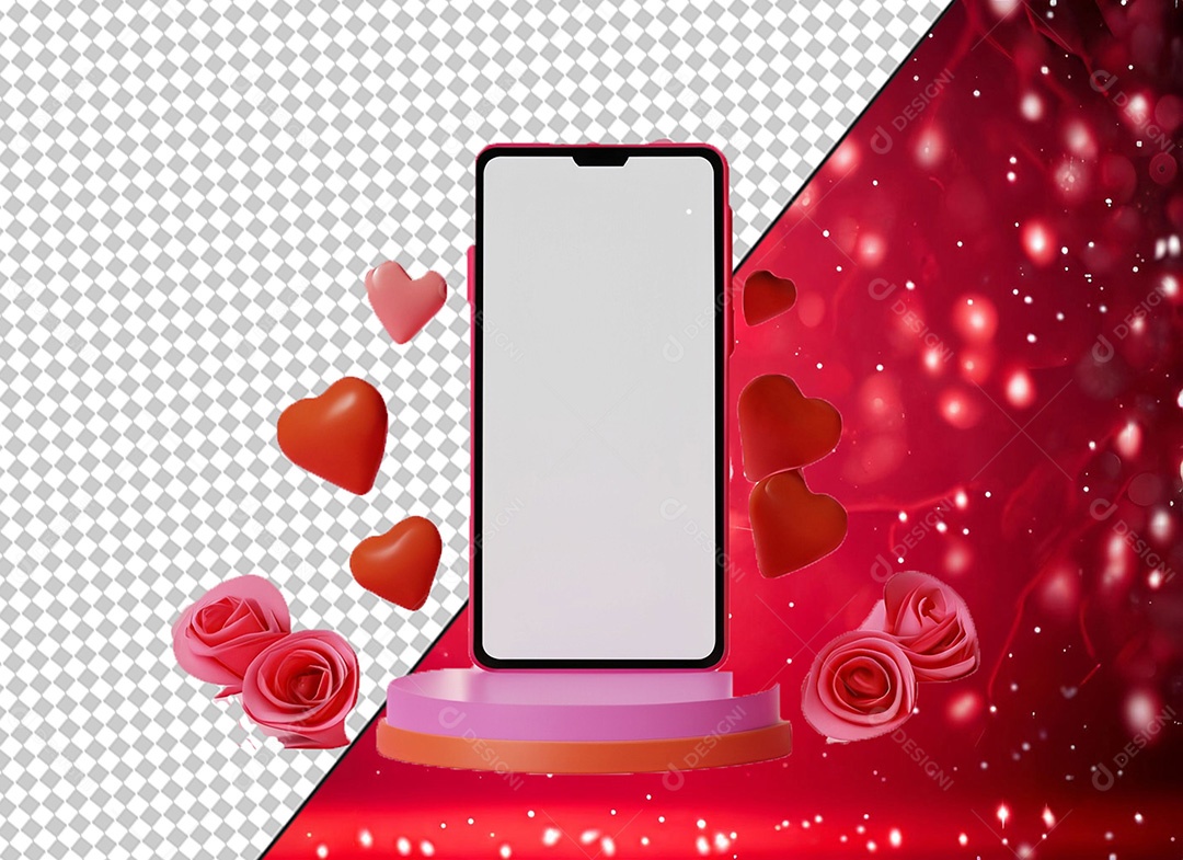 Celular Corações e Rosas Elemento 3D para Composição PSD