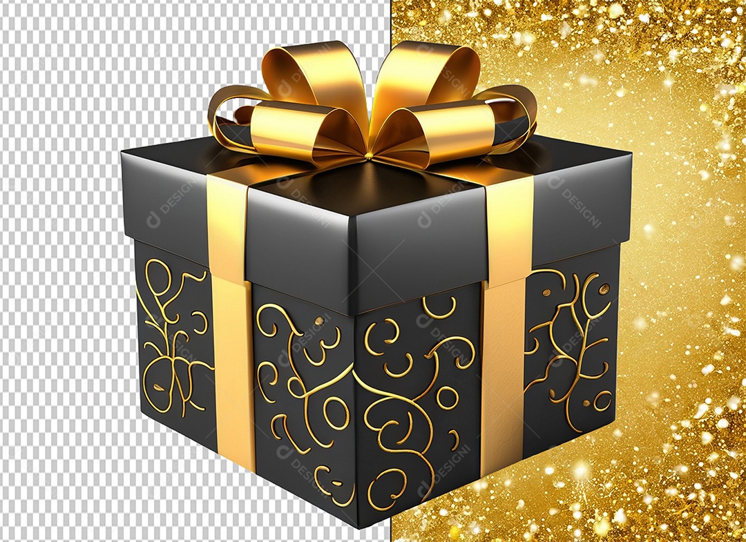 Caixa de Presente Preto e Dourada Elemento 3D para Composição PSD