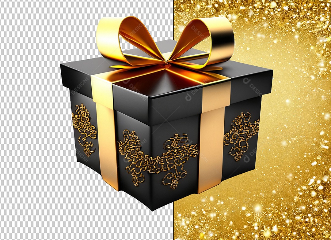 Caixa de Presente Preto e Dourada Elemento 3D para Composição PSD