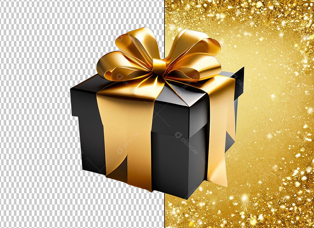 Caixa de Presente Preto e Dourada Elemento 3D para Composição PSD