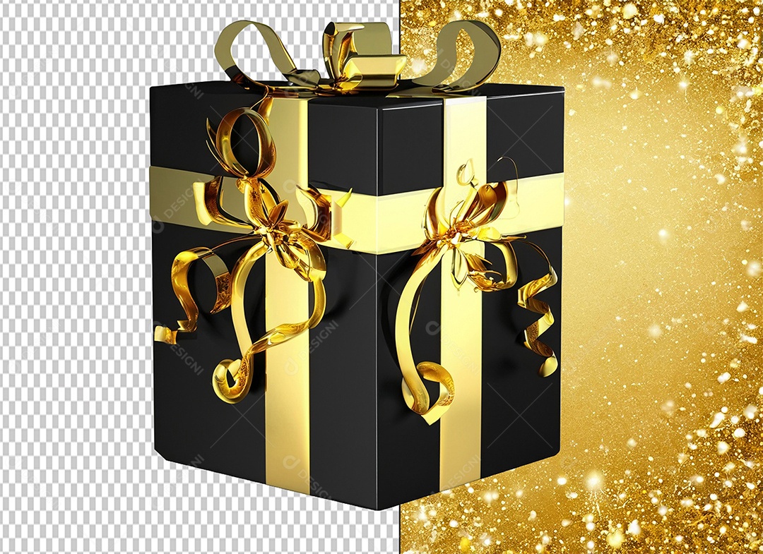 Caixa de Presente Preto e Dourada Elemento 3D para Composição PSD