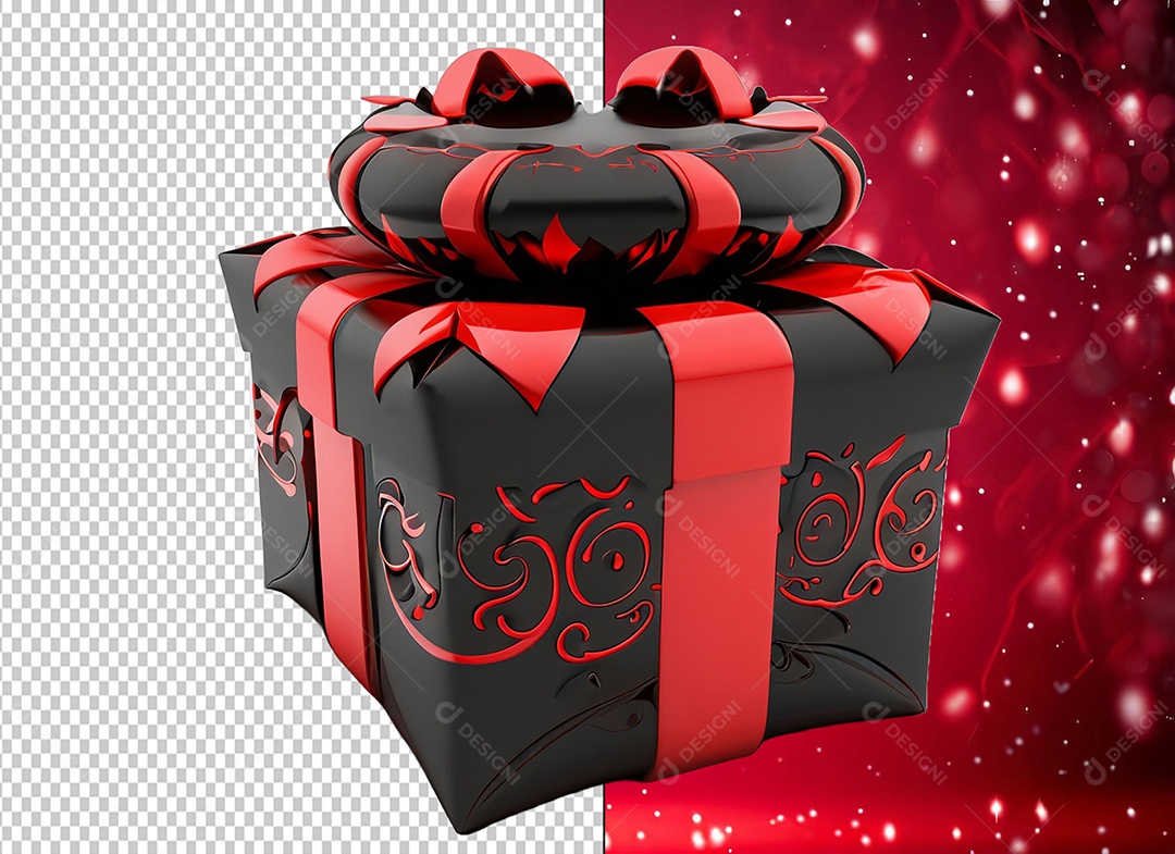 Caixa de Presente Preto e Vermelho Elemento 3D para Composição PSD
