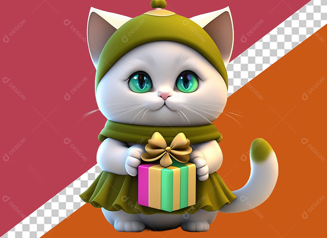 Kitten with a 3D Gift Box for PSD Composition