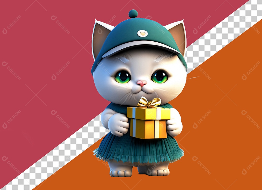 Gatinho com uma Caixa de Presente 3D para Composição PSD