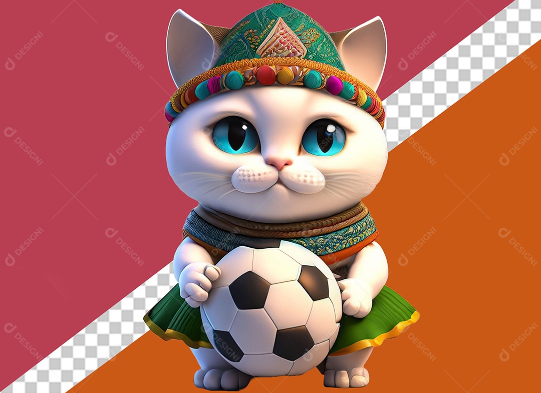 Gatinho com uma Bola de Futebol 3D para Composição PSD