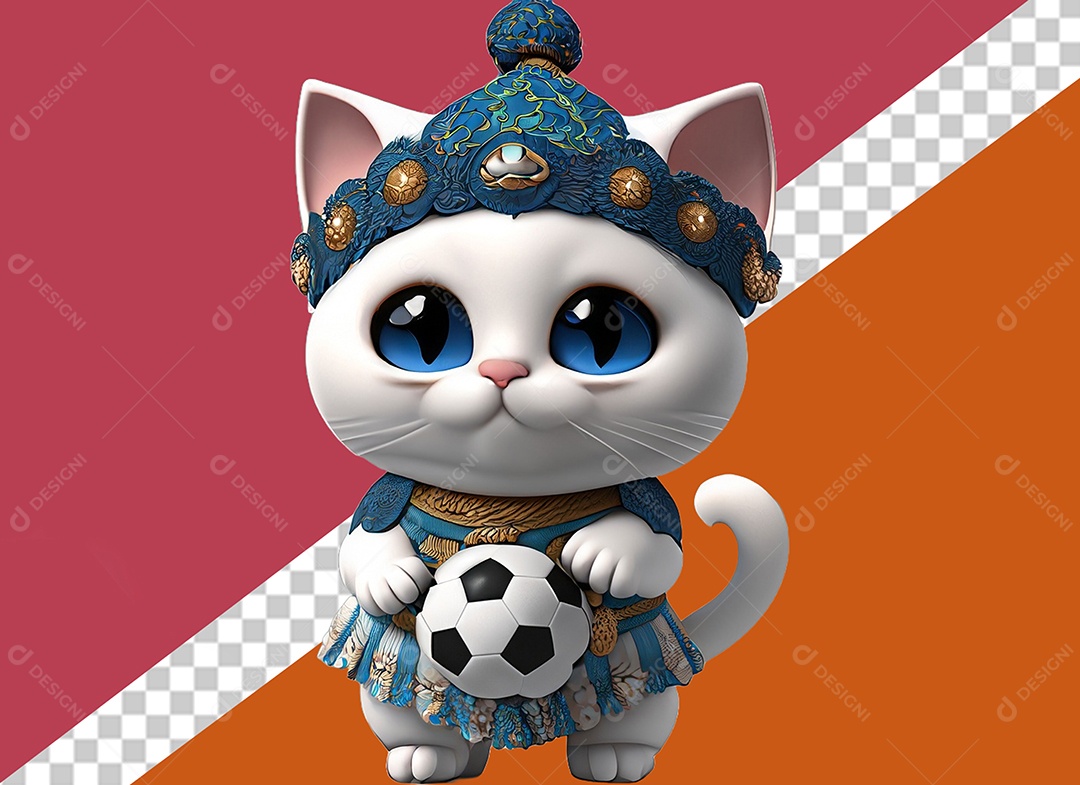 Gatinho com uma Bola de Futebol 3D para Composição PSD