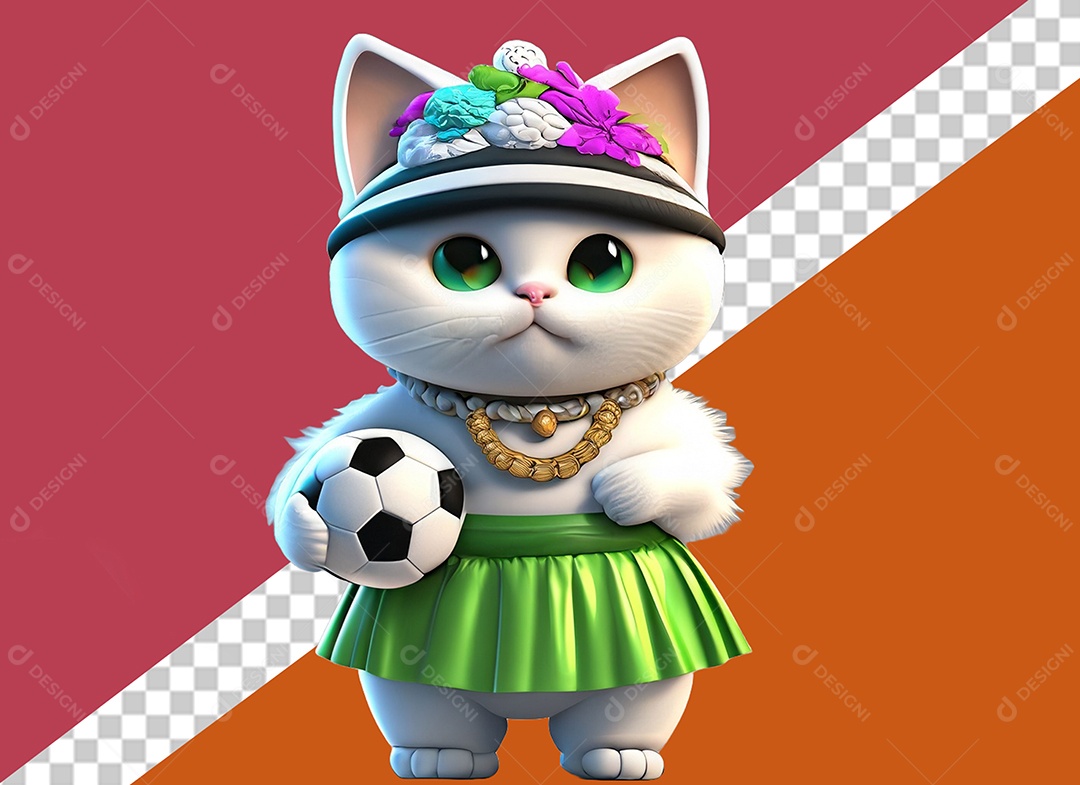 Gatinho com uma Bola de Futebol 3D para Composição PSD