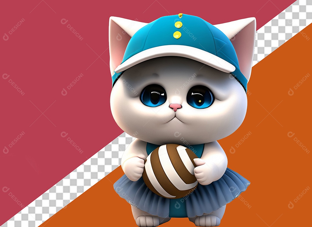 Gatinho com uma Bola de Futebol Elemento 3D para Composição PSD